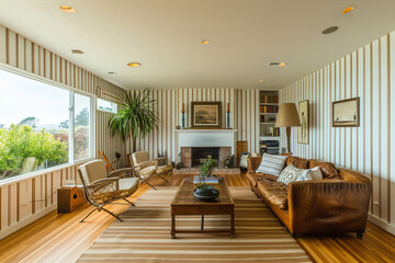 With no furniture in sight, the vintage oak floors and striped vinyl wallpaper take center stage in this living room, offering a canvas for potential design possibilities