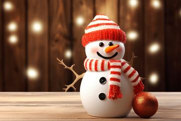 Snowman toy on rustic wooden background. Christmas and New Year celebration