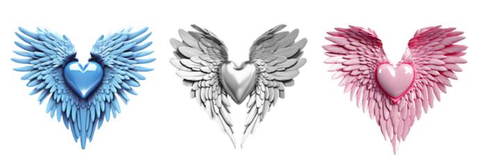 Set of hearts with wings on transparent background