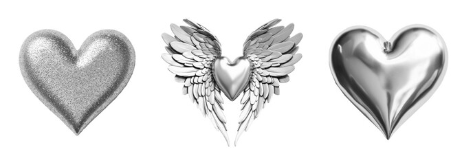 Set of silver fashion hearts on transparent background