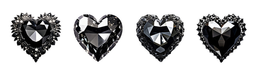 Set of black crystal hearts on transparent background