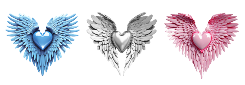 Set of hearts with wings on transparent background