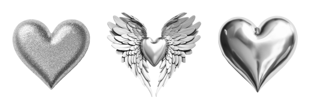 Set of silver fashion hearts on transparent background