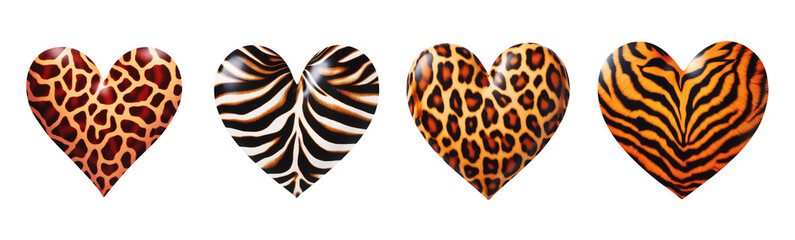 Set of animal prints hearts on transparent background