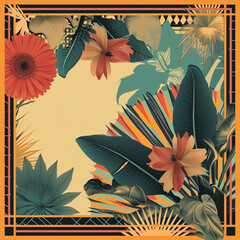 retro style patterns form a frame against a muted color background