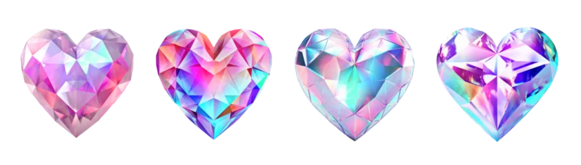 Foto op Aluminium Set of holographic crystal hearts on transparent background © Porechenskaya