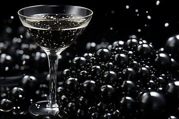 Elegant champagne glass with sparkling bubbles in a dark and mysterious bar setting