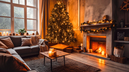 Un salon cosy d'une maison décorée pour Noël avec sapin et cheminée - obrazy, fototapety, plakaty