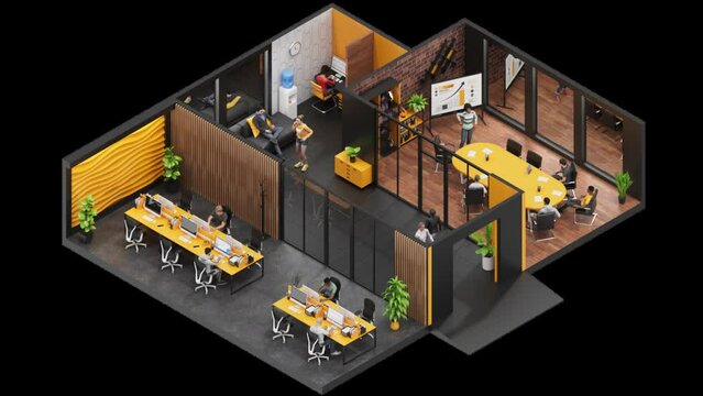 3D animation in isometric style. Coworking, office, business people working together in virtual space. Looping animation with alpha channel