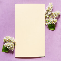 Blank greeting card, invitation and envelope mockup. Minimal floral frame made of white flowers and leaves. Flat lay, top view. Happy mother's day, women's day or birthday, wedding composition.