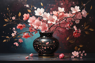 Cherry blossom branches in a vase on a dark background. Acrylic painting