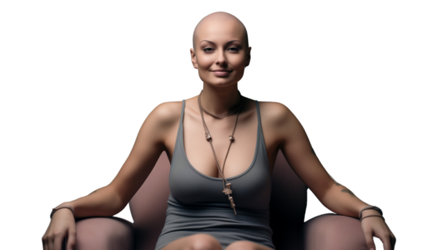 A woman after chemotherapy sits happy in a chair with a confident posture.  She beat cancer and gives hope.
