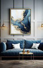 sala com quadro marmore abstrato azul com dourado luxo  - obrazy, fototapety, plakaty