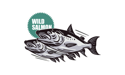 GREAT WILD SALMON FISH LOGO, silhouette of swimming fish in water vector illustrations