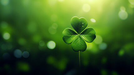 Four-leaf green clover for good luck on St. Patrick's Day, bright green background,
