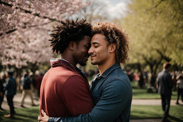 Fototapeta premium Gay couple hugging in the park
