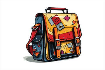 School bag isolated on white, school bag with school supplies, icon, bag, suitcase, vector, travel, sign, symbol, illustration, object, business, school, button, backpack, card, luggage, design