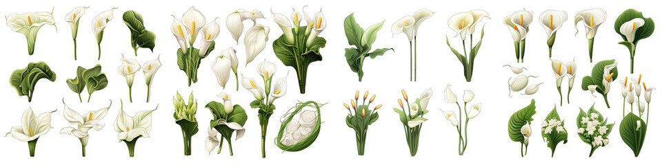 Calla Lily set concept props Hyperrealistic Highly Detailed Isolated On Transparent Background Png File - obrazy, fototapety, plakaty