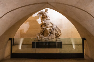 Statue of Marianne inside the Arc de Triomphe. The icon of Marianne emerged during the French Revolution of 1789 as a personification of the values of liberty, equality and fraternity. Paris, France - obrazy, fototapety, plakaty