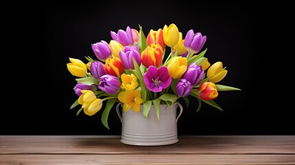 essence of spring with a striking bouquet of purple and yellow tulips elegantly arranged in a bucket.