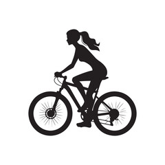Morning Ride Bliss: Woman Cycling Silhouette on Serene Countryside Road, Healthy Lifestyle and Fitness Motivation - Black and White Girl on Bicycle Silhouette
