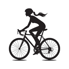 Nature's Embrace: Woman Cycling Silhouette on Meadow Path, Outdoor Fitness and Wellness - Graceful Black and White Girl Riding Bicycle Silhouette
