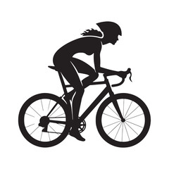 Fototapeta premium Leisurely Stroll: Woman Cycling Silhouette on Calm Riverside Path, Nature Connection and Fitness Pursuits - Poignant Black and White Girl on Bicycle Silhouette 
