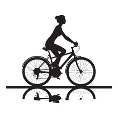 City Pedal: Woman Cycling Silhouette in Bustling Urban Environment, Commuting and Healthy Living - Chic Black and White Girl Riding Bicycle Silhouette
