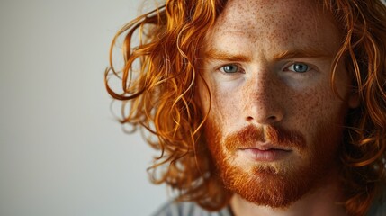 handsome red haired groomed man with long hair on light background, copy space