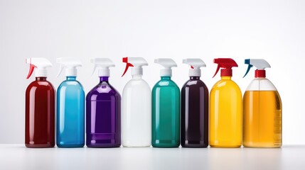 Transform your product presentation with a vibrant array of household cleaning products in colorful plastic bottles.
