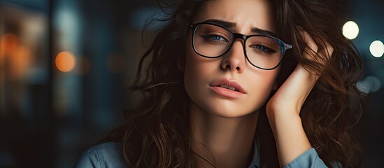Woman took off glasses, rubbed nose. Employee's multitasking fatigue decreases performance due to powerlessness, exhaustion, distraction, and memory impairment.