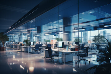 Clean, bright office interior organized with a computer and desk inside. Modern and luxury workspace