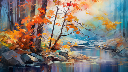 a serene autumn landscape with colorful leaves, a calm stream, and rocks surrounded by trees. The vibrant painting evokes tranquility and the beauty of the fall season.