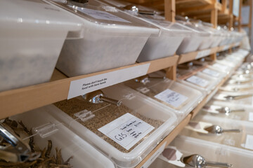 Eco store view with scoops to fill the bags with organic produce