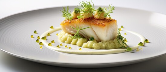 Nordic-designed plate with skrei cod filet, mashed potato cream, coriander lime relish, and empty space. - obrazy, fototapety, plakaty