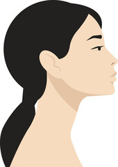 Profile portrait of a young Asian woman. Head and shoulders side view. black hair in a pony tail. Minimalist beauty of Asian people.