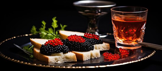 Sandwiches with black and red caviar paired with vodka shots.