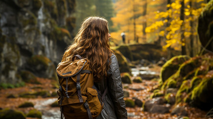 young woman with backpack in the woods