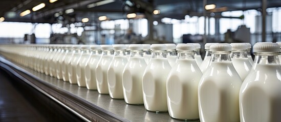 Fototapeta premium Milk being packaged into plastic bottles at the dairy factory.