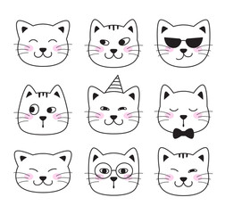 Funny cat faces, cartoon illustrationsFunny cat faces. Animal character pet faces. Doodle illustrations, cartoon, comic style drawings