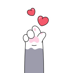 Cat paw showing korean love sign with hearts around it, finger heart. Cartoon, comic style illustration. Vector doodle drawing