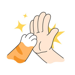 Cat paw and a man's hand giving high five, cartoon, comic style illustration.