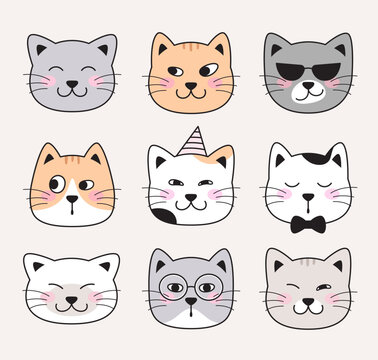 Funny cat faces. Animal character pet faces. Doodle illustrations, cartoon, comic style drawings