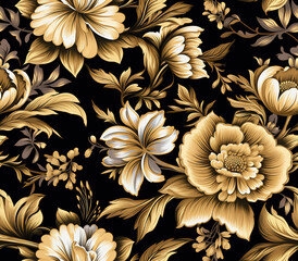 Seamless pattern with gold flowers on black background