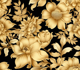 Seamless pattern with gold flowers on black background