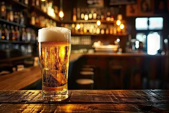 Cold and refreshing mug of beer takes center stage adorned with frothy layer of golden foam on wooden table. Ambient light adds warmth to setting creating cozy atmosphere in pub