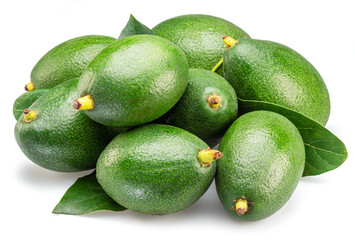 Lot of avocado fruits with leaves isolated on white background.