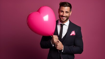Charming Gentleman with Heart-Shaped Balloon on Pink Background