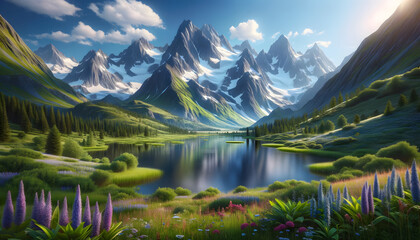 A photorealistic landscape featuring a mountain range with snow-capped peaks, a reflective lake in the foreground surrounded by lush greenery and wildflowers