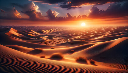 Photorealistic desert landscape at sunset, with rolling sand dunes, intricate patterns, scattered desert plants, and a sky in hues of orange, pink, and purple
